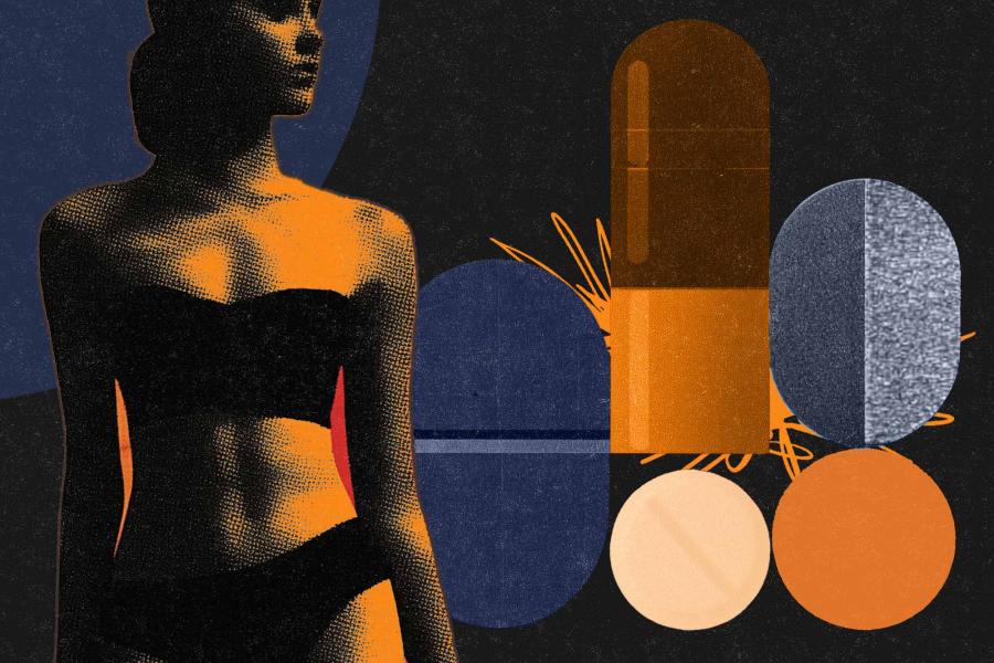 illustration of a fit female on a background of various prescription drugs 