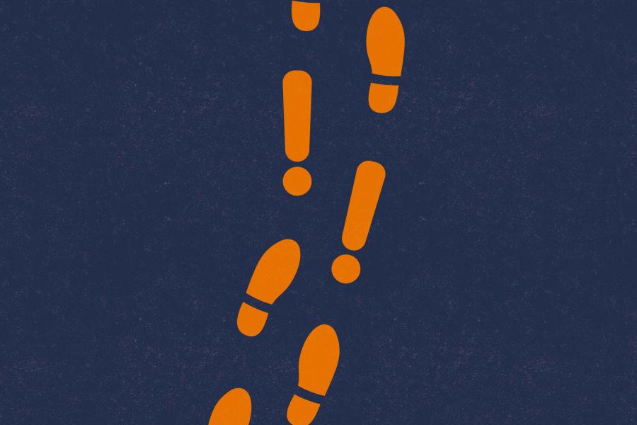 illustration of orange footsteps along with exclamations on a blue background
