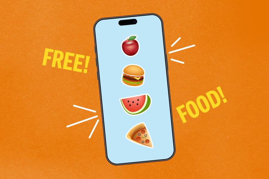 Illustration of a phone with images of food on it, an apple, burger, watermelon and pizza
