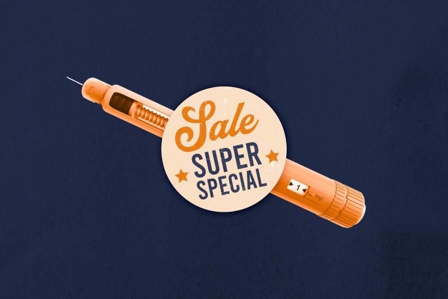 illustration of a GLP-1 injector with a sign in front of it saying “Sale. Super Special”