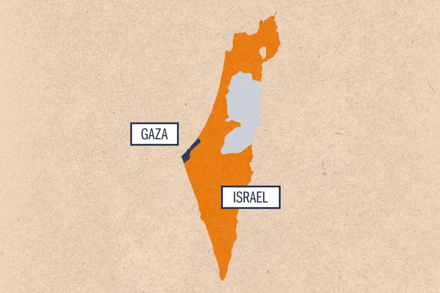 illustration of a map of land with area callouts for Gaza in blue and Israel in orange