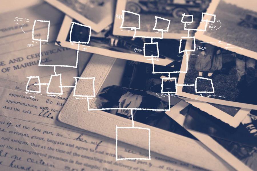 illustration of a table covered in photos and documents with a family tree diagram overlay