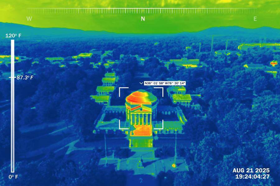 aerial photo of the UVA Rotunda and academic village with a thermal imaging filter effect applied