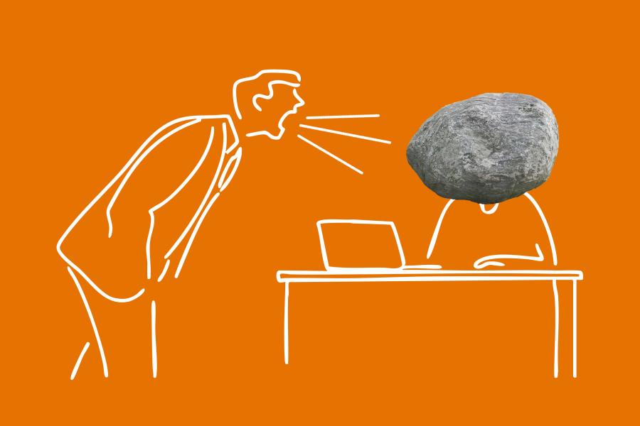 An illustration featuring a person speaking loudly to someone sitting next to them with a head made of rock.