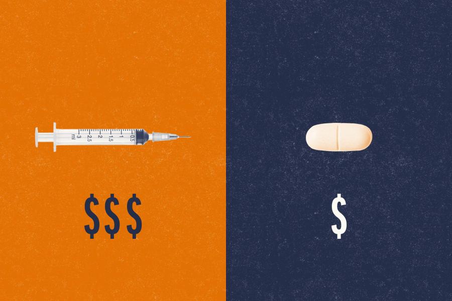 Portrait illustration of an illustration and pill with a dollar sign.