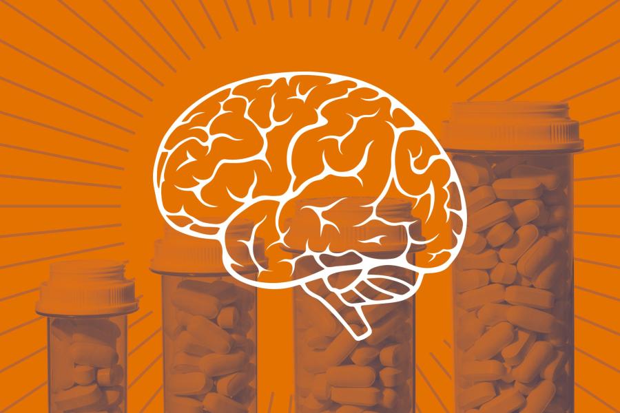 Illustration of a brain over a series of pill bottles