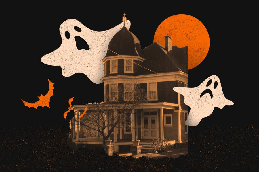 A collage of cartoon ghosts, a cartoon bat, and an orange moon surround an image of the house