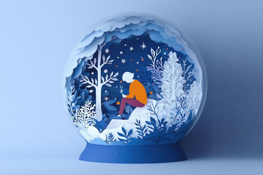 Illustrated snow globe showing a solitary figure sitting on a snowy hill, surrounded by winter trees and plants in layered paper-cut style. Stars and snowflakes fill the dark blue sky inside the globe, creating a calm and contemplative winter scene.