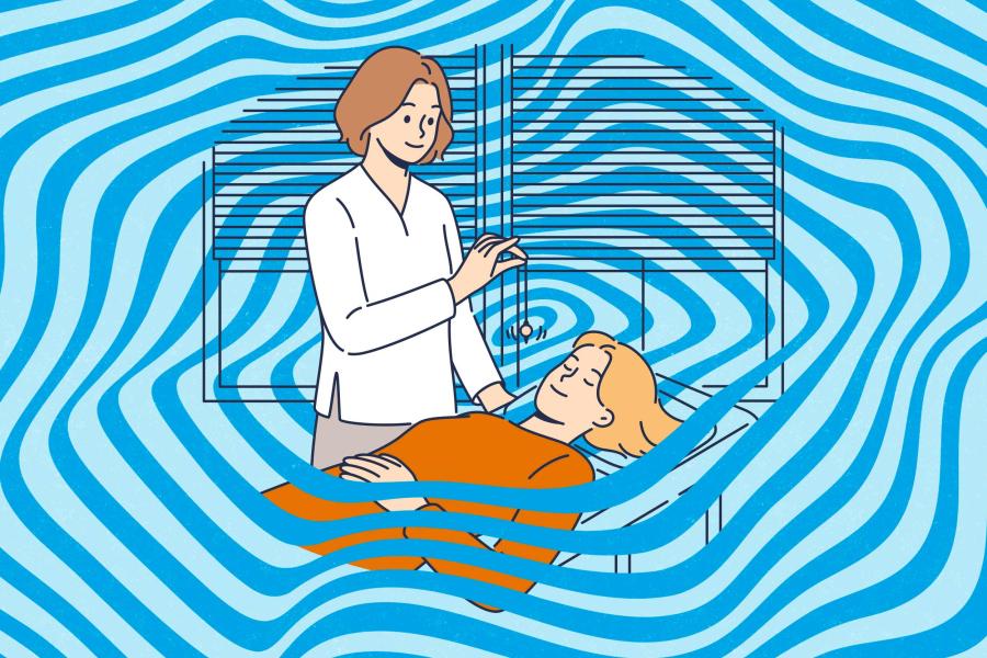 Portrait illustration of a lady performing hypnosis on a person sleeping in bed.