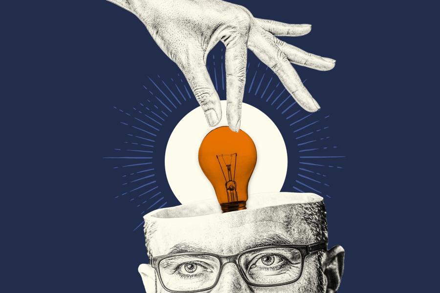 A graphic illustration of a hand placing a lightbulb in someone's head