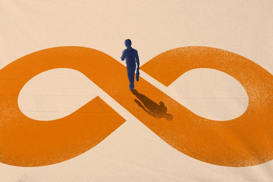 person with a briefcase walking a path in the shape of an infinity symbol