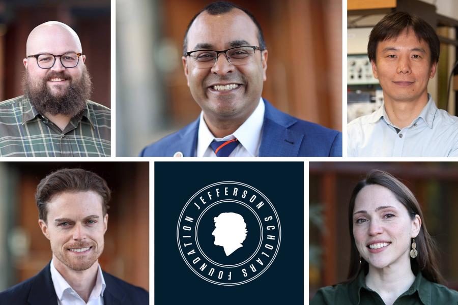 Portrait of The Jefferson Scholars Foundation is honoring five UVA faculty members for excellence. Pictured on the top, from left, are Nate Adams, Neeral Shah, Jianhua Cang. On the bottom, from left, are Daniel Quinn and Ilse Cleeves. 