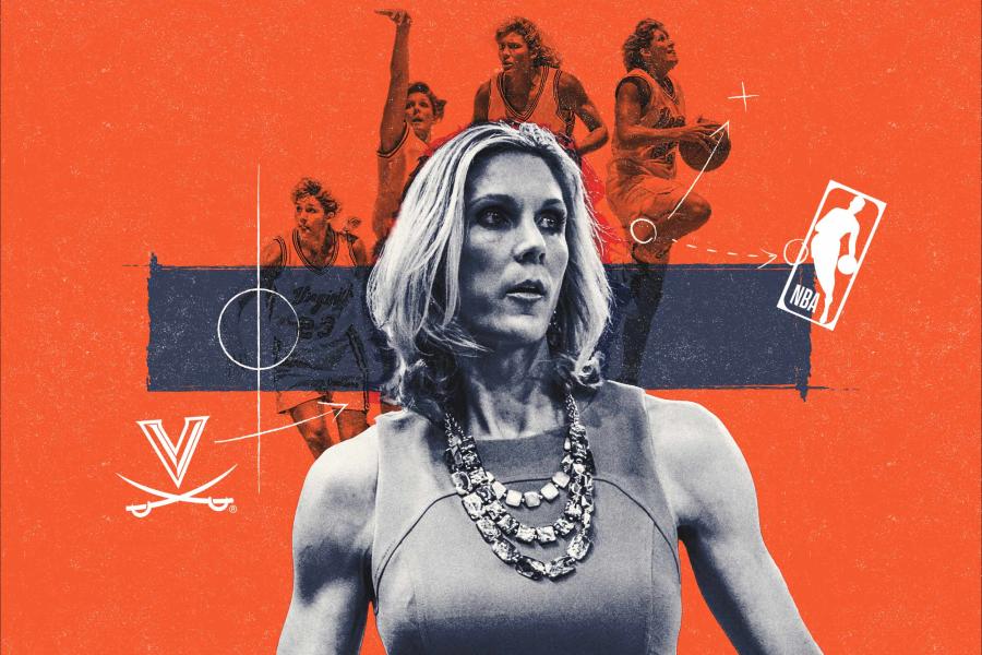 Portrait of Jenny Boucek on a UVA basketball illustration background.