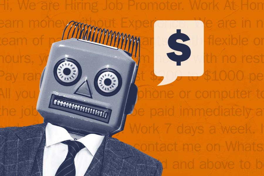 Illustration of a robot in a suit with a dollar sign speech bubble, set against an orange background filled with faded scam-like job offer text.