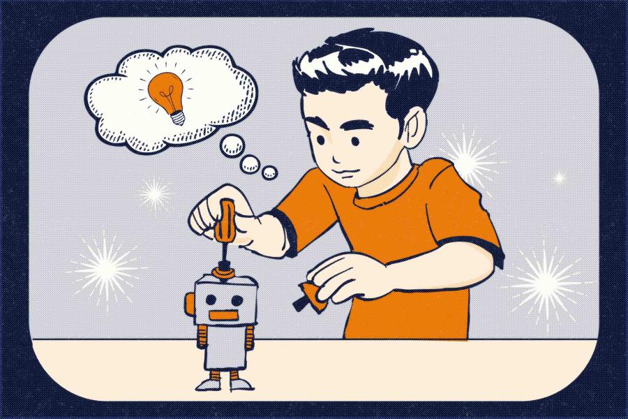 Illustration of a kid building a robot