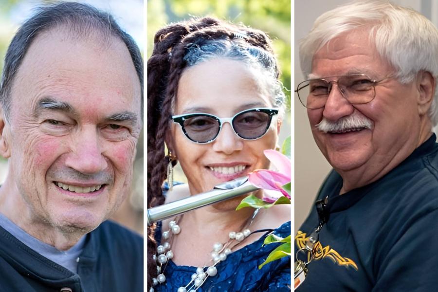 Photo collage of biology professor Raymond Keller, music professor Nicole Mitchell Gantt and astronomy professor Roger Chevalier