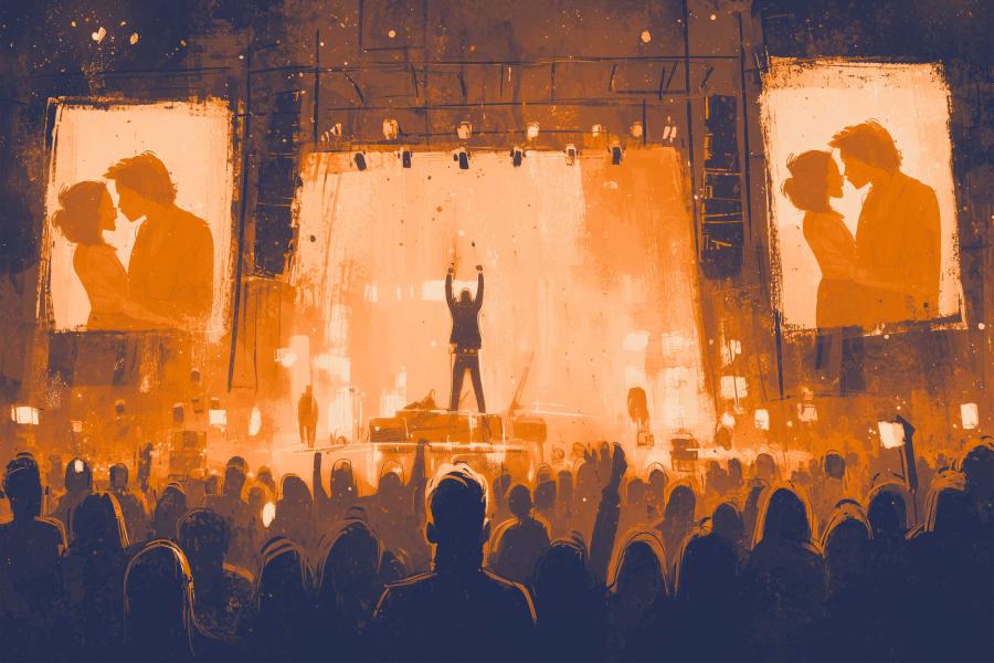 illustration of a crowd at a live concert with screens flanking the stage displaying a ”kiss cam” segment