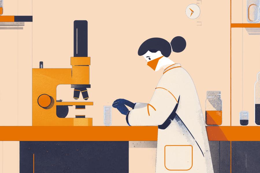 an illustration of a researcher working in a lab with a microscope