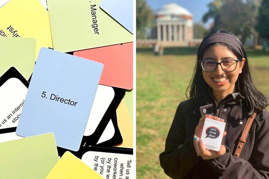 Alumna Shivani Dimri in front of the Rotunda holding up her game and a close up shot of some of the cards