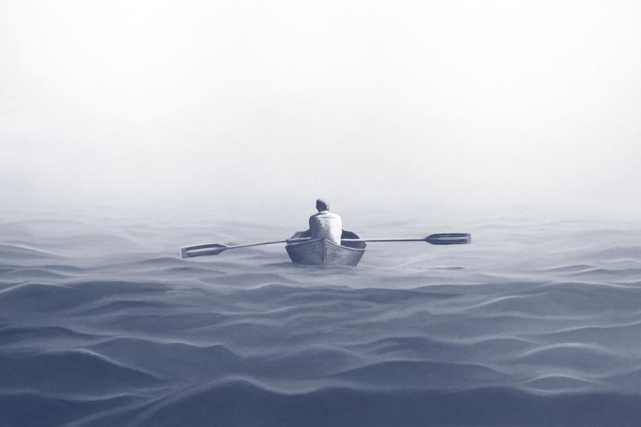 illustration of a man in a row boat on open water