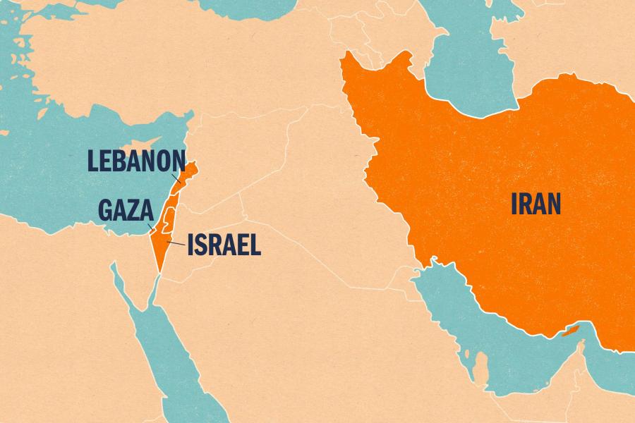 A map of Lebanon, Gaza, Israel and Iran