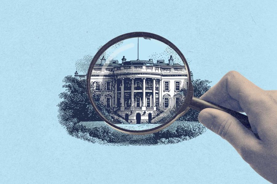 illustration of a hand holding a magnifying glass up to the White House