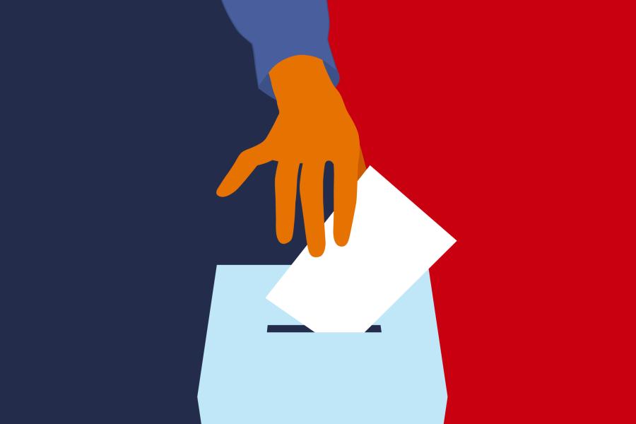 An illustration of red and blue with a hand placing a ballot in a ballot box