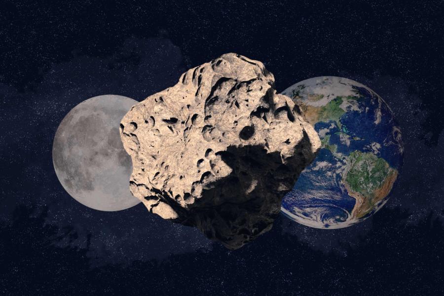 An illustration of the moon and the Earth with an overlayed piece of aesteroid