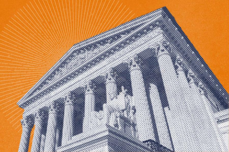Illustration of a courthouse with columns and a statue, in blue on an orange background.