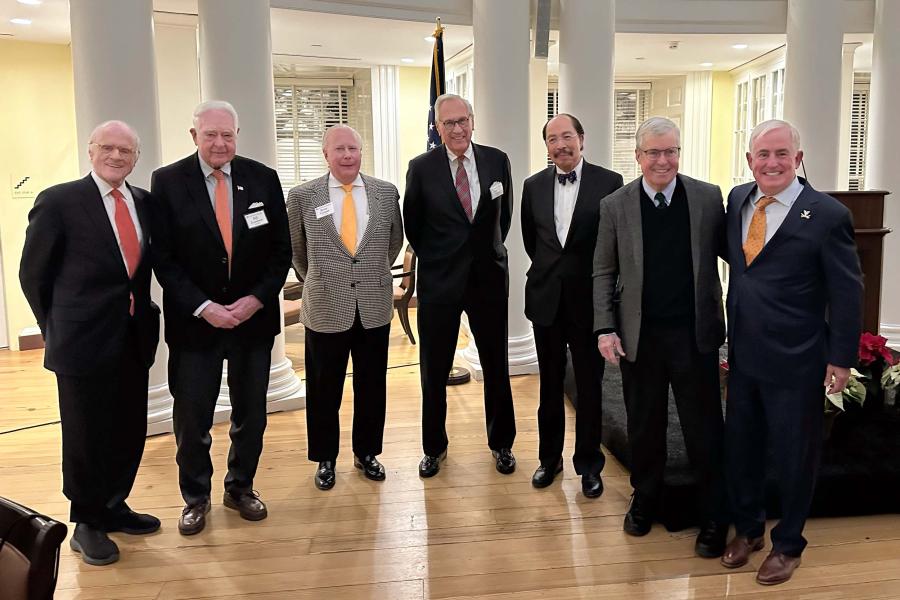 Former UVA rectors stand from left to right, Whitt Clement, Bill Goodwin, Frank M. “Rusty” Conner, Heywood Fralin, George Martin, Jim Murray and current UVA Rector Robert Hardie. 