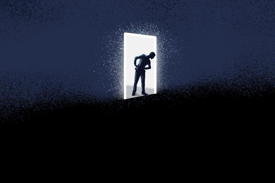 illustration of a male figure leaning through a doorway that leads to a drop into an abyss