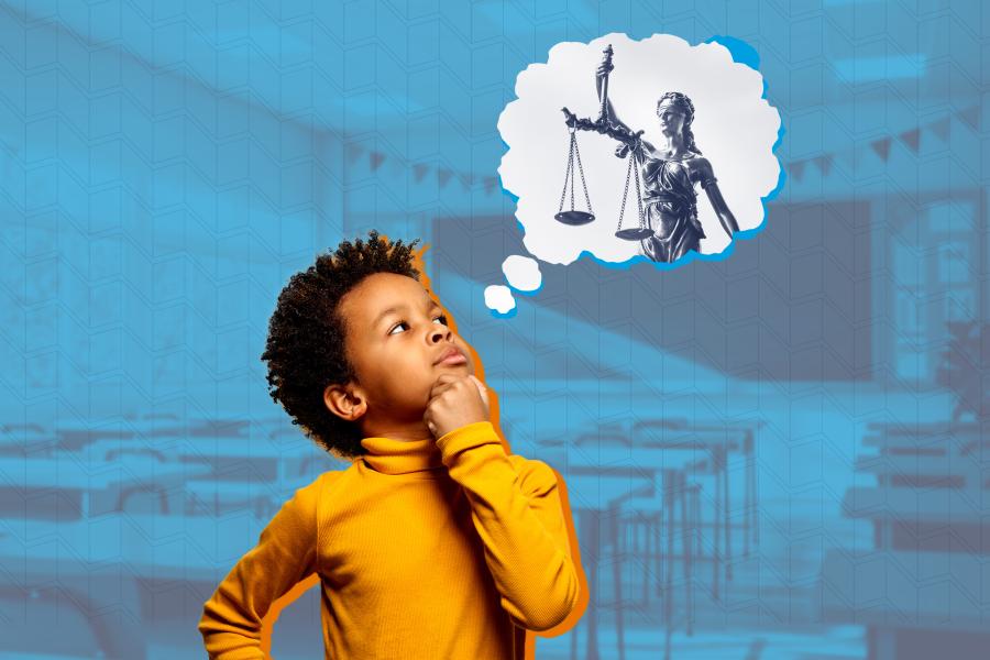 A graphic illustration of a child with a thought bubble overhead with the scales of justice in the bubble