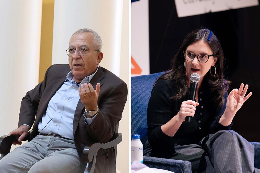 Portrait of former Palestinian Prime Minister Salam Fayyad on left and journalist Bari Weiss on right.