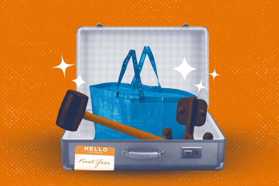a suitcase filled with an IKEA tote bag, a rubber mallet and some wall hooks. The suitcase has a name tag labelled "first year".