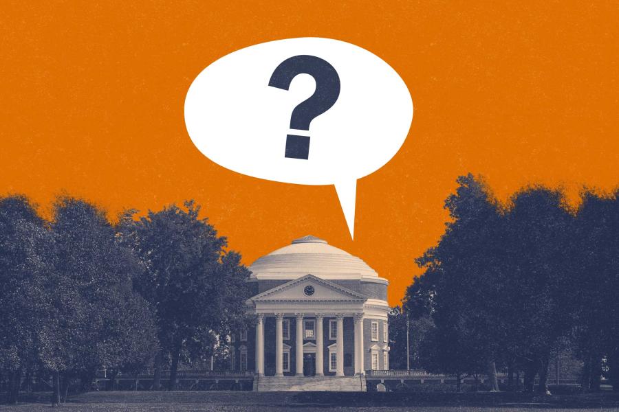 an illustration of the UVA Rotunda and Lawn with a speech bubble above containing a question mark.