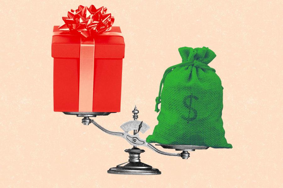 A illustration of a gift and a money bag on a scale with the present elevated