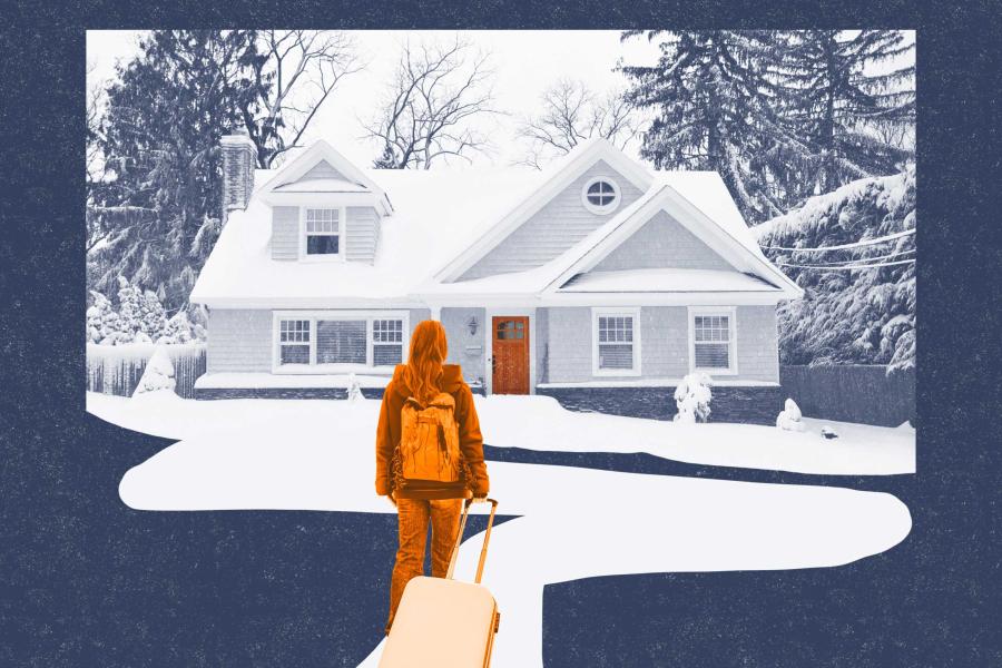 A graphic image of a young adult pulling a suitcase along to the front of a snow covered house