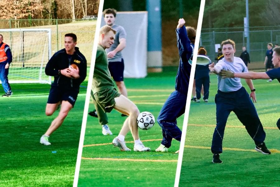 Collage portrait of ROTC cadets in a training session for football, soccer, and flying disc.