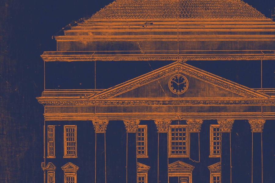 an architectural drawing of the UVA Rotunda in UVA blue and orange