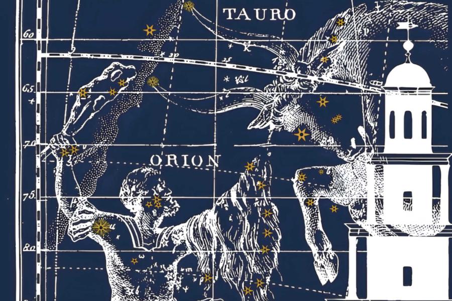 illustration of McCormick Observatory tower over a drawn map of the constellations 