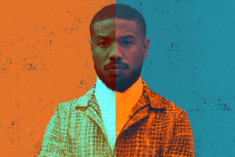 Michael B. Jordan illustrated into an orange and blue background.