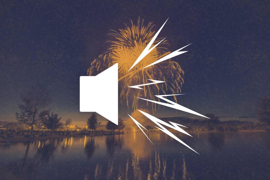 a loudspeaker icon over a background of fireworks