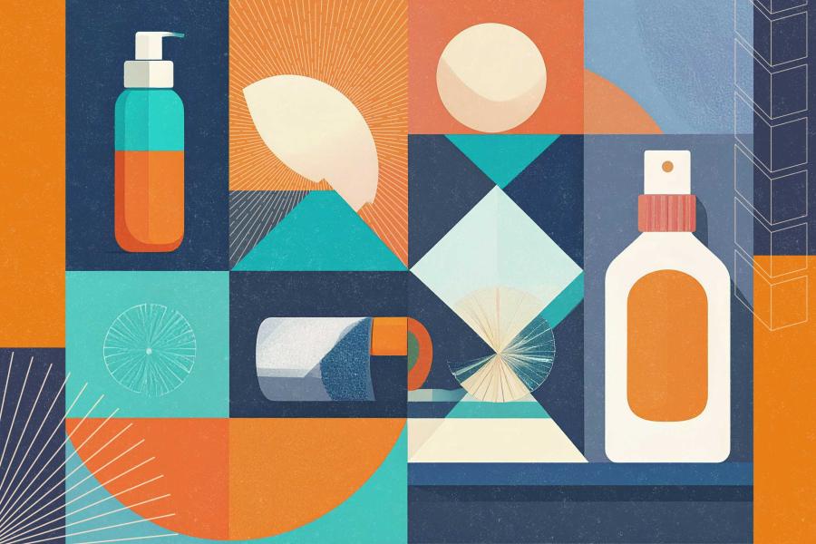 illustration collage of sunscreen products
