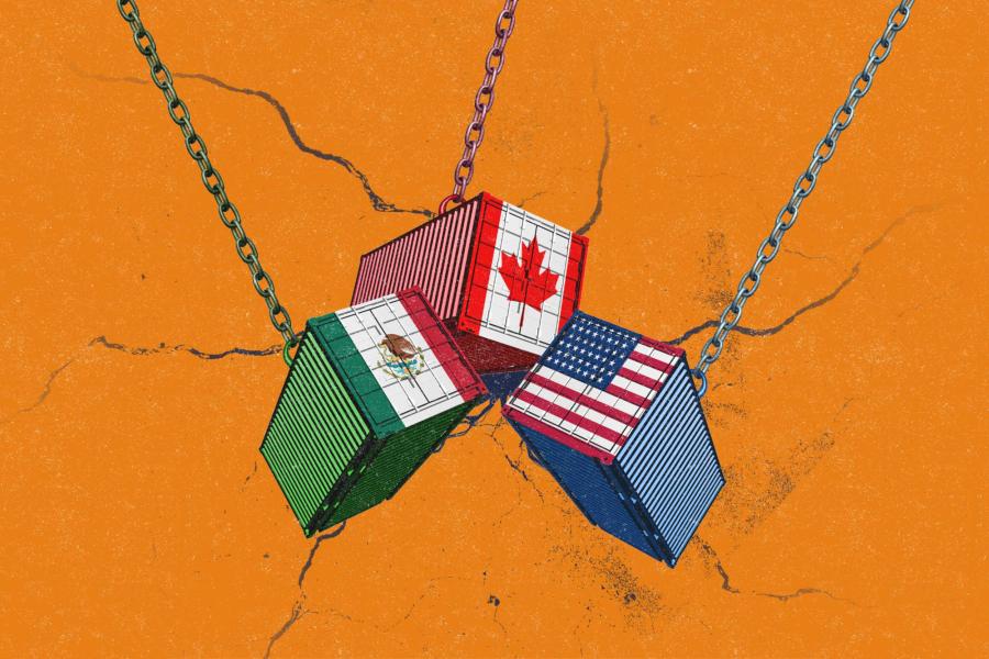 Illustration of a shipping container featuring the flags of Canada, Mexico, and the USA, hanging together in a chain.