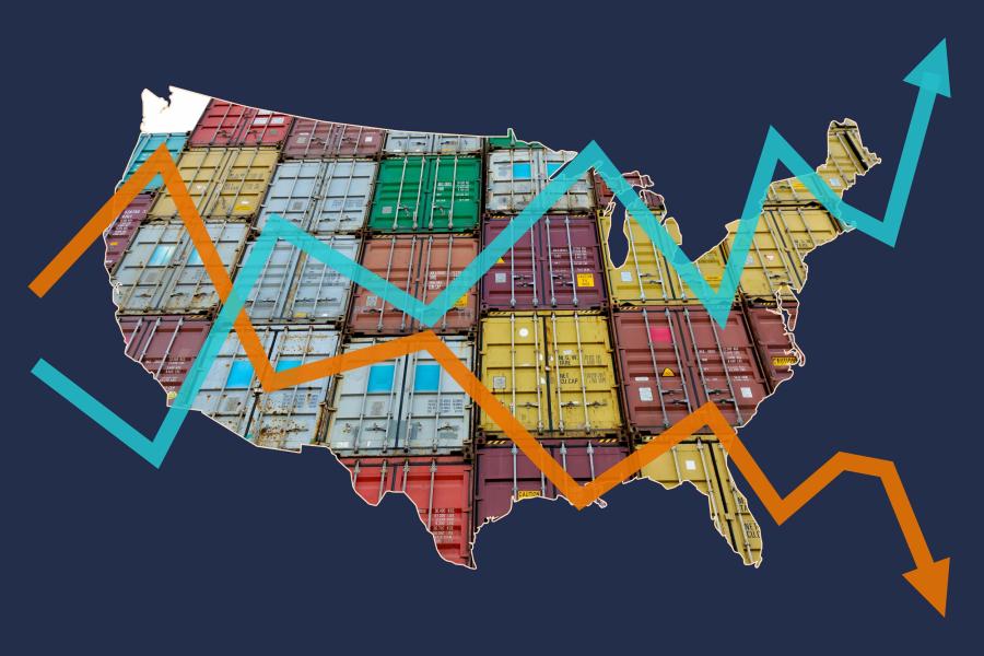 Graphic of the United States map, showing a line graph with two different lines