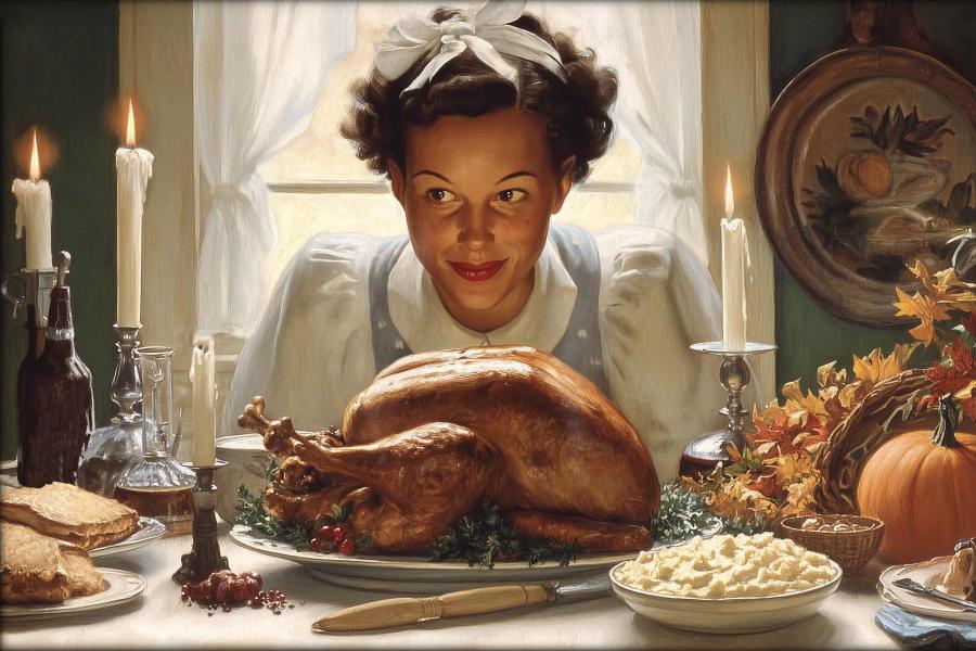 a painted image of a young girl smelling the Thanksgiving turkey among the other decor on the dining table.
