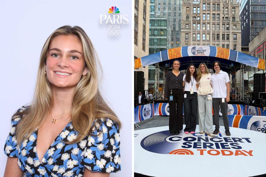 portrait of Lily Jones, left, and Lily Jones with other Today Show interns on the stage of the Citi Concert Series