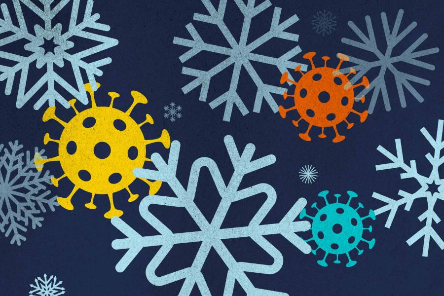 A graphic illustration of germs and snowflakes