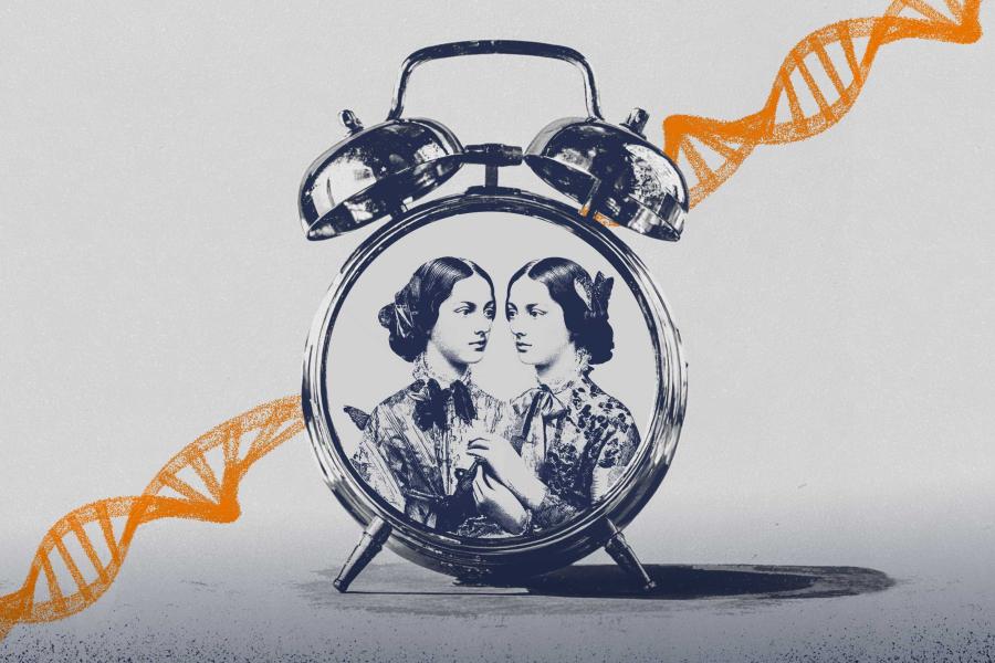Portrait illustration of a table clock featuring a picture of twin girls.