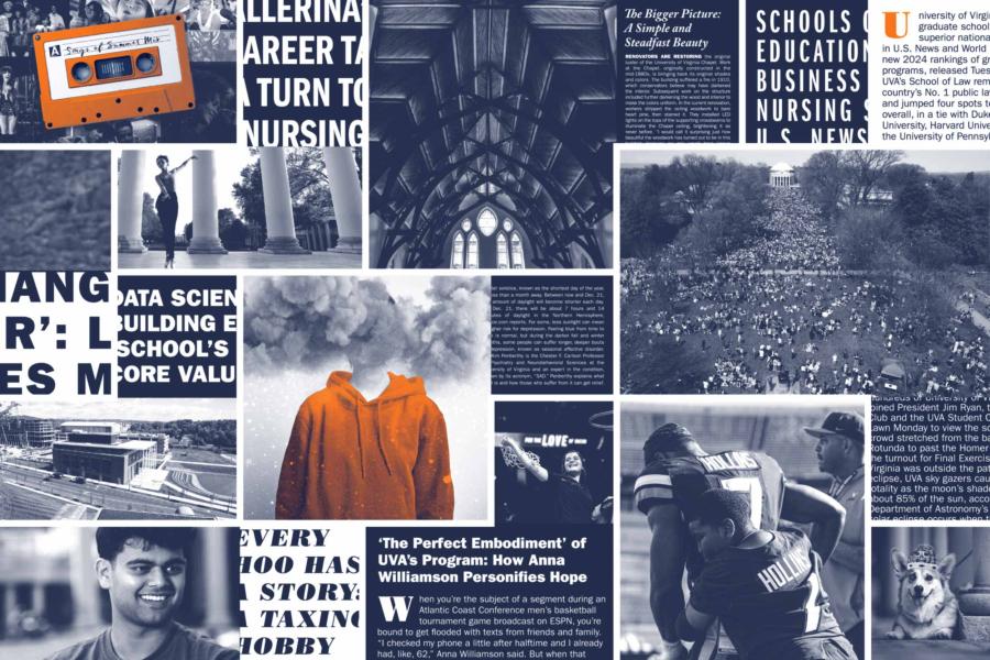 Collage of snippets from UVA Today stories stylized in UVA orange and blue